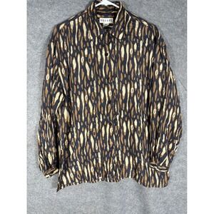 Bogari Womens 100% Silk Abstract Animal Print Button Down Blouse Black Tan Med